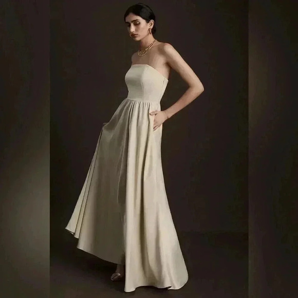 BHLDN Elsie Straight-Neck Satin A-Line Gown Khaki Nude Color Size 8 NWT - Picture 1 of 14